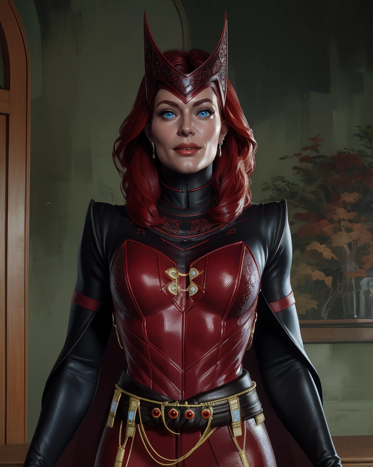 scarletWitch,blue eyes,red hair,medium hair,
red bodysuit,belt,belt,jewelry,earrings,cape,face helmet,
standing,upper body,light smile,
(insanely detailed, masterpiece, best quality),<lora:scarletWitch:0.8>,