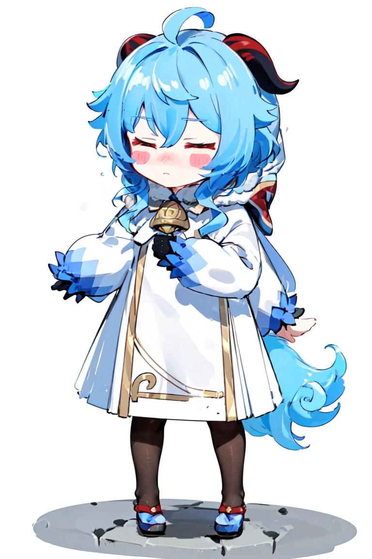 <lora:ganyuyoungan-0020:0.8>,ganyuyoungan,best quality,masterpiece,1girl, ganyu (genshin impact), solo, horns, closed eyes, blue hair, chibi, bell, long hair, white background, simple background, hood, fur trim, bangs, tail, ahoge, coat, full body, standing, blush, blush stickers, gloves, dress, <lora:g,W0pN9ObK2:0.6> <lora:hans-O3:0.6>,