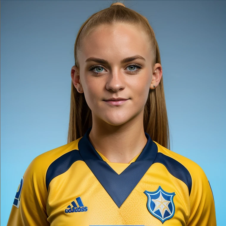<lora:Evie:1>lora, realistic female footballer headshot, football kit