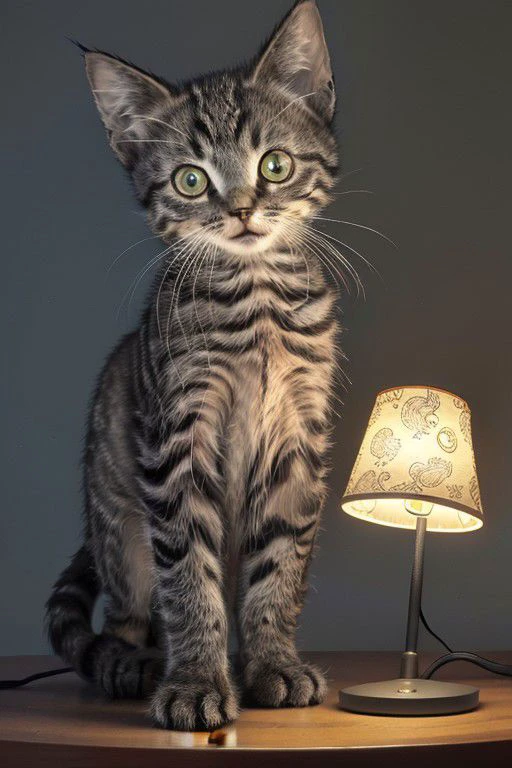 kitten jussi_kitten stands and holds in paw a support of  a lampshade of table lamp, high detailed, vibrant colors