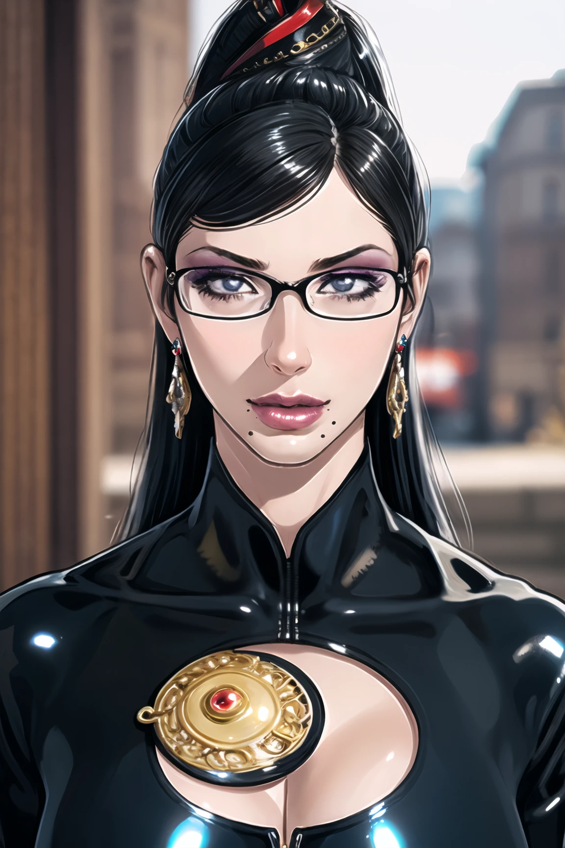 8k, 4k, intricate details, cinematic lighting, stunning environment, (ornate:1.1), (realistic:1.3), detailed face, detailed eyes, detailed shadows, 1girl, solo, (bayonetta:1.1), black hair, (bodysuit:1.1), huge breasts, cleavage, cleavage cutout, earrings, glasses, gloves, high heels, jewelry, lipstick, makeup, mole under mouth, ribbons, (shiny:1.1), very long hair, <lora:CHA_Bayonetta_v1:0.8>