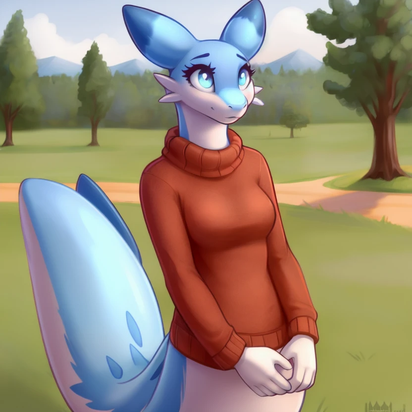<lora:Chillet_Palworld_v1.0_:1> (palchillet:1.2), detailed background, blue eyes, blue body, clothing, anthro, solo, female, red sweater, by loimu