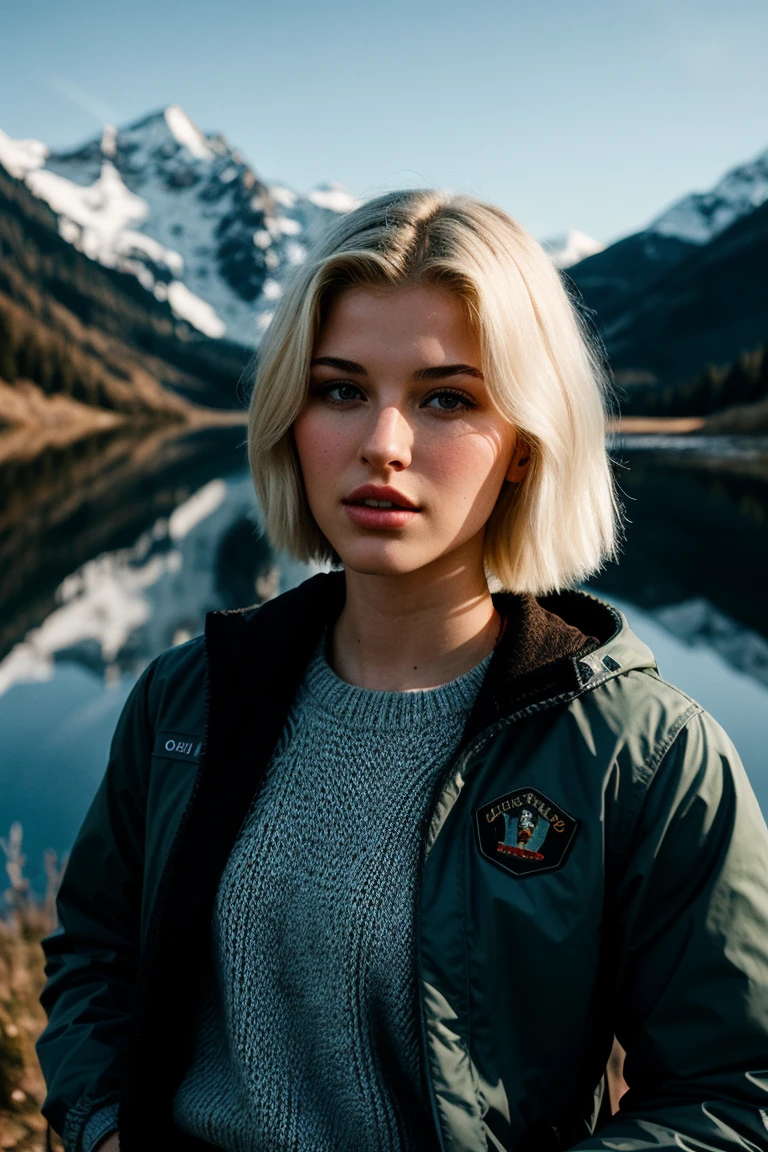 ((selfie)) photo of beautiful (sgrey140:0.99), a woman, outdoors, mountains, wearing a backpack, sweater, and hiking jacket, rocks, river, wood, analog style (look at viewer:1.2) (skin texture), close up, 85mm, cinematic light, sidelighting, Fujiflim XT3, DSLR, epiCPhoto