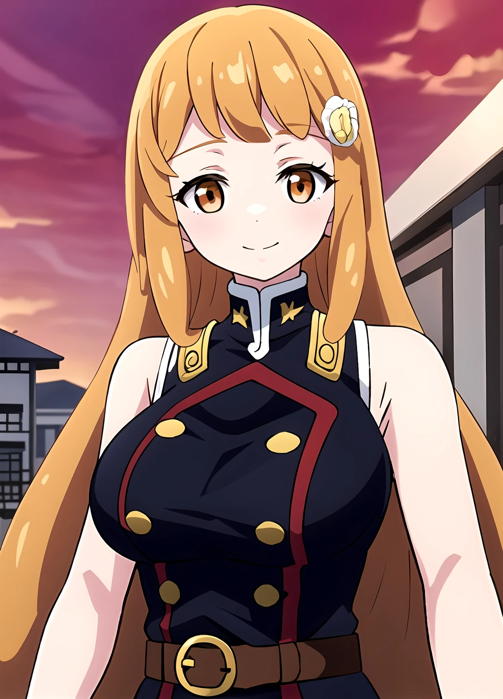 masterpiece, best quality, outdoors, bright sun,  blue sky, (Red sun:1.4), Red Star, <lora:Sahara Wakasa anylora40r75r-000006:0.7>, Sahara Wakasa, 1girl, solo, looking at viewer, orange eyes, uniform, sleeveless, bare shoulders, long hair, hair ornament, large breasts, orange hair, belt uniform,