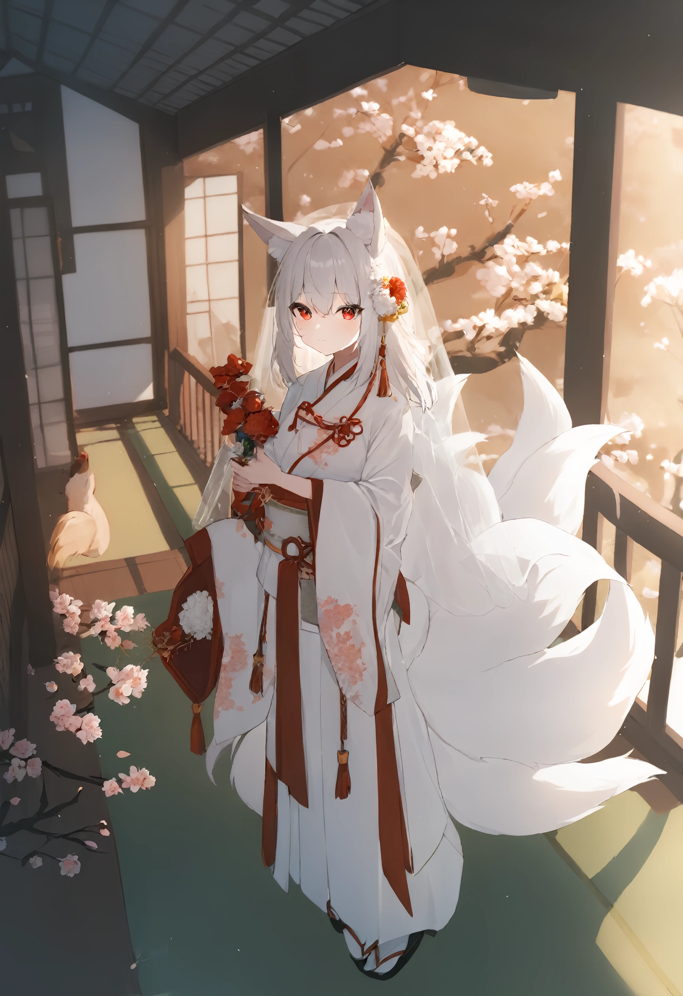 1girl, solo,
tail, multiple tails, animal ears, bird, red eyes, fox ears, uchikake, japanese clothes, veil, tail, flower, solo, fox tail, looking at viewer, kimono, white hair, fox girl, standing, long sleeves, wide sleeves, indoors, bangs, eyebrows visible through hair, tatami, full body, closed mouth, white kimono, bride, wedding dress, red flower, bridal veil, yellow flower, holding, tree, floral print, hair ornament, hood, see through, from side, sidelocks, animal ear fluff, tassel, short hair, long hair, dress, white flower, silver hair, ribbon, peony \(flower\), hair between eyes, railing, cherry blossom,
masterpiece, best quality, absurdres, recent, newest, safe, sensitive