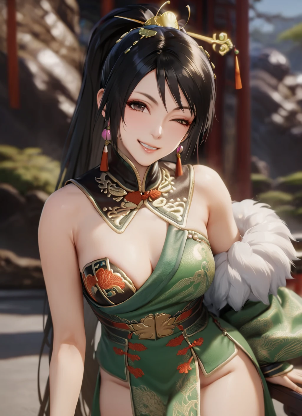 masterpiece, best quality, bare shoulders, fluffy underwear, looking at viewer, smile, (one eye closed:0.8), one breast out, guanyinping \\(dynasty warriors\\), <lora:ral-fluff-sdxl:0.7> <lora:å
³é¶å±_xl:0.8>