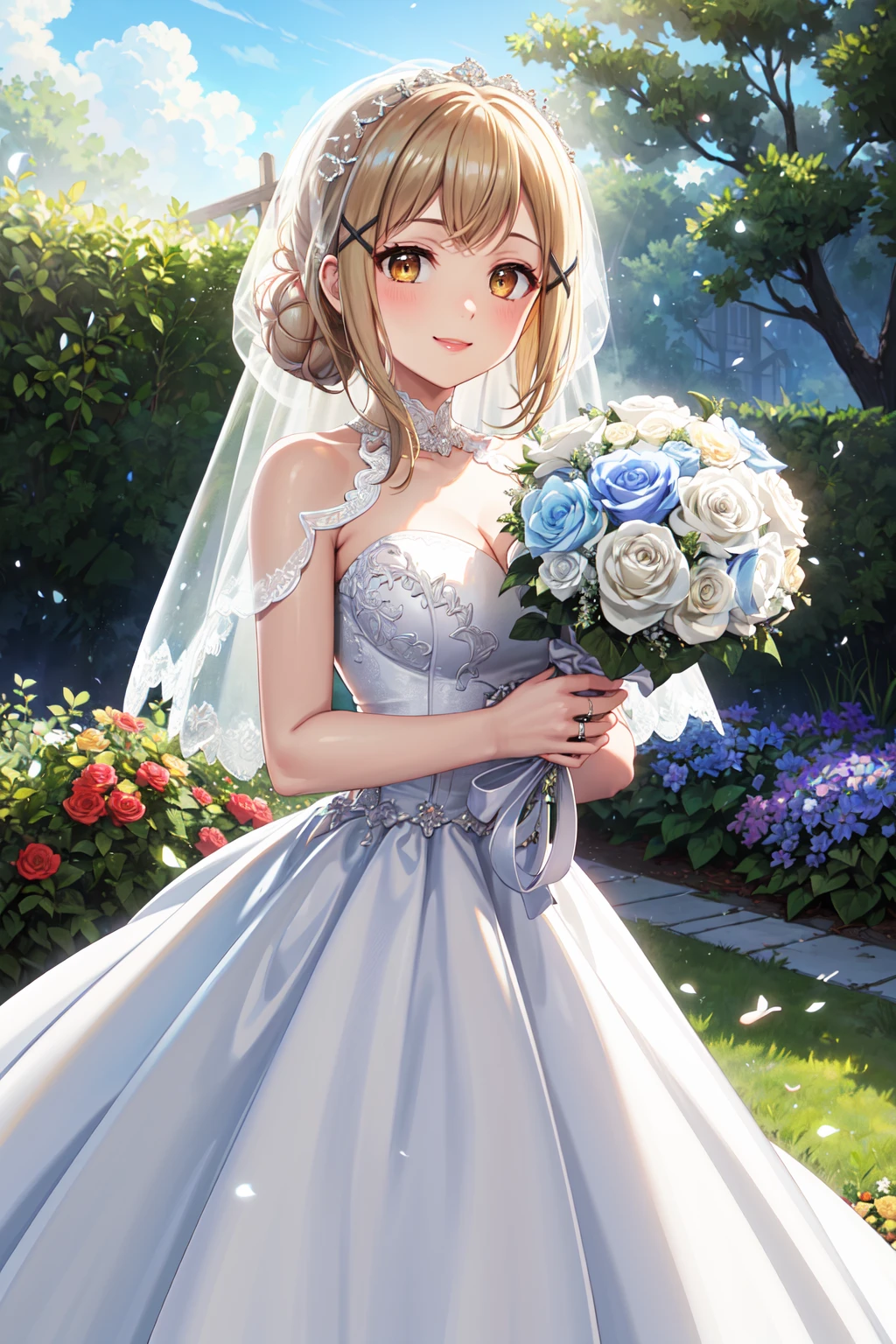 masterpiece,best quality,highres,ultra-detailed,aaarisa,long hair,bangs,x hair ornament,<lora:ichigaya_arisa:0.7>,(wedding dress:1.2),white dress,(veil:1.2),garden,smile,outdoors,standing,cowboy shot,holding bouquet,hair bun,