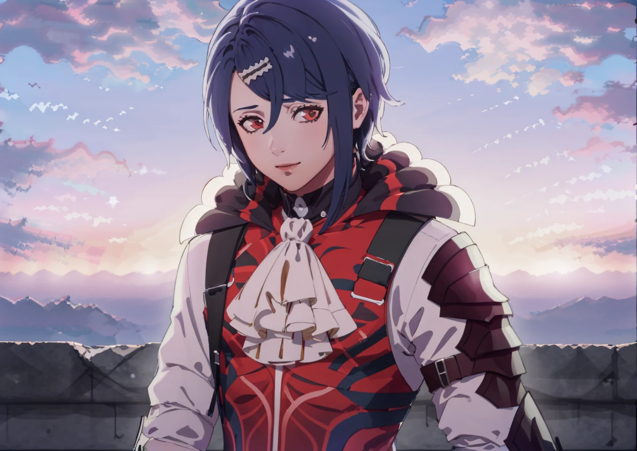 masterpiece, best quality, outdoors, cloud, sky, sunset, detailed background, 1boy, looking at viewer, smile, <lora:FE3H S Rank:1> <lora:AlcrystFE:0.9> defAlcryst, armor, white shirt, long sleeves, short hair, bangs, hairclip, vest, ascot, high collar