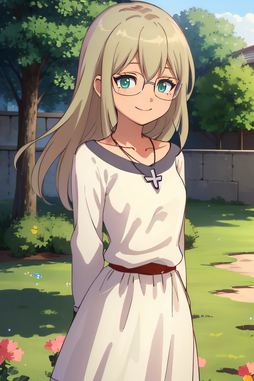 (masterpiece:1.2), best quality, high resolution, unity 8k wallpaper, (illustration), extremely detailed face, perfect lighting, extremely detailed CG, beautiful detailed eyes, 1girl, solo, <lora:Jeanne_Inazuma:0.8>, jeanne, standing, blonde hair, cowboy shot, necklace, glasses, looking at viewer, green eyes, white dress, frontal view, field of flowers, outdoor, from below:1.2, adjusting eyewear, blush, surprised