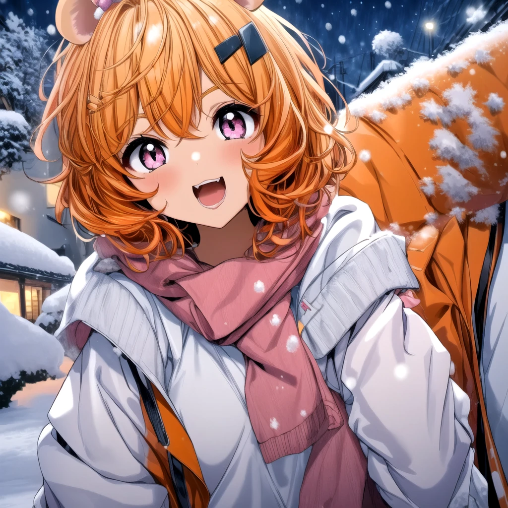 eimi, (solo), middriff, hairclip, shoes, small hamster ears, hamster girl, curly hair, short hair, orange hair, black scrunchie, orange ribbon, <lora:add_detail:0.8>, purple gradient pink eyes, big eyes, virtual youtuber, <lora:hyperrefiner_v090:0.7>, <lora:EIMI-PC-V2_1:0.7>, close up,(((night,winter,snow)))