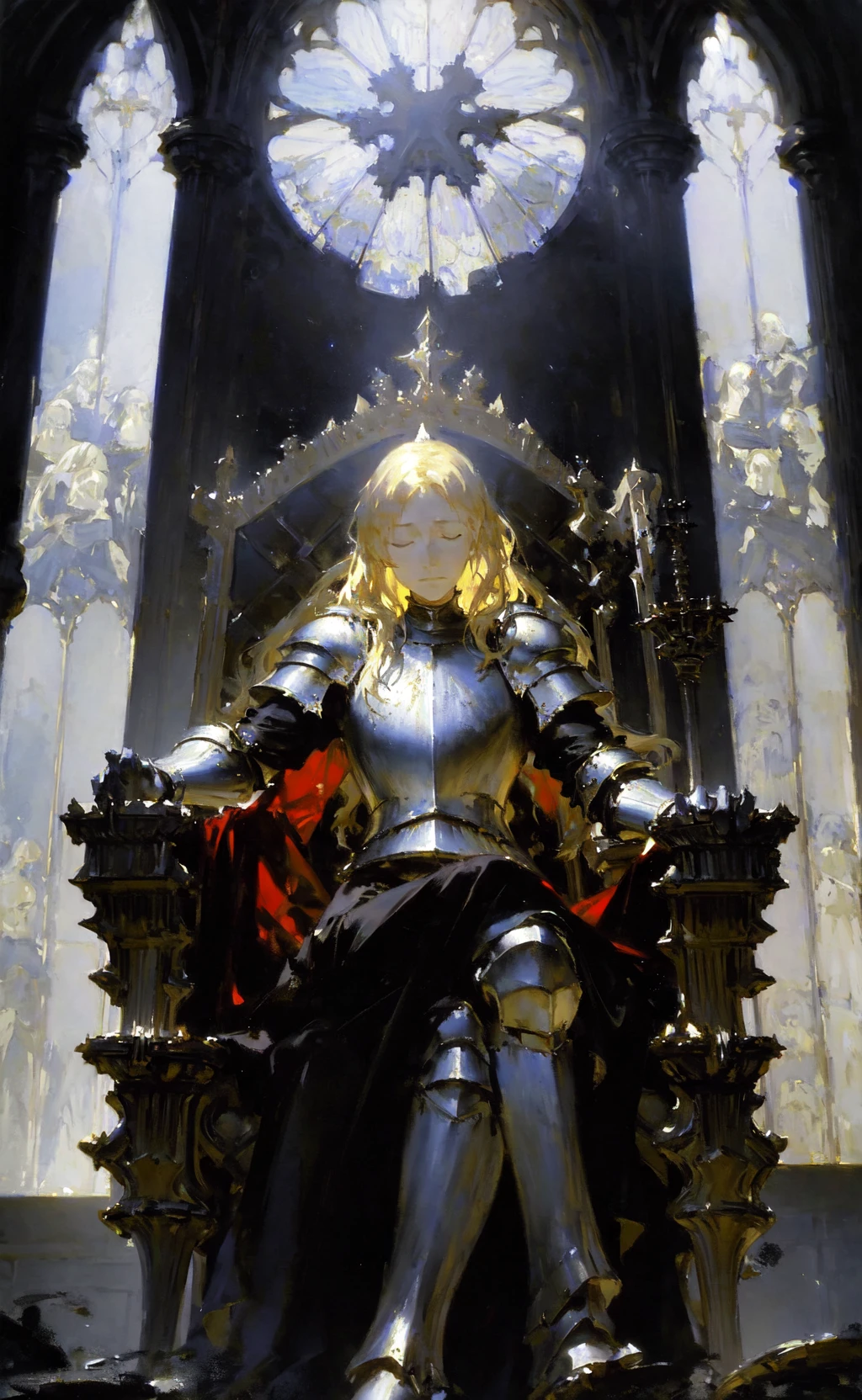 John Singer Sargent, Anders Zorn, masterpiece, best quality, mature, blonde female knight, sitting on a big throne, closed eyes, bloodied, armor, depressed, confident and sad, moody, dramatic, cinematic, window, from below
