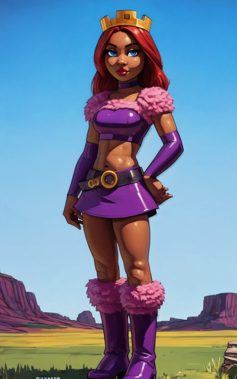 8k,4k,((Best quality, masterpiece, ultra high resolution)),((full body, by pixelsketcher)), <lora:PrincessCandy:0.82>,PrincessCandy,red hair, crown, boots, dark skin,belt, dark-skinned female, choker, skirt, pink skirt, midriff, purple belt, purple boots, crop top,blue eyes,fur trim, lipstick, red lipstick,armwear, purple armwear,human, hill, outside, sun,long shot,posing