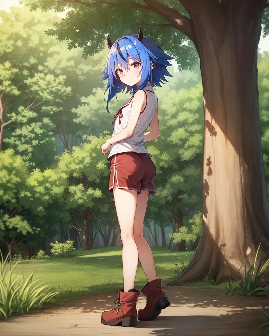 1girl, tina, best quality, standing, naked overalls, long ponytail, silver hair, red eyes, outside, trees, forest, sky, clouds, highly detailed