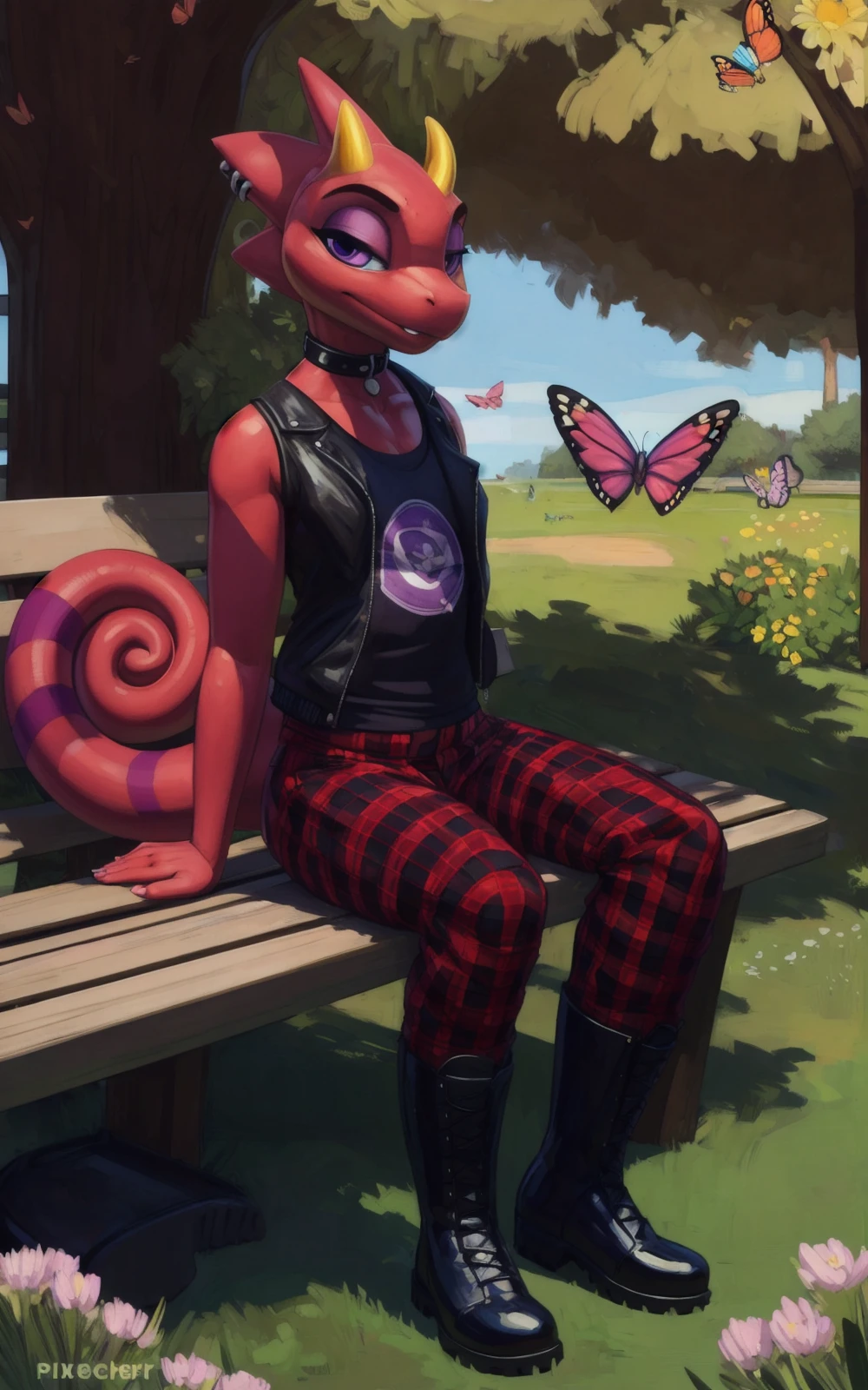 source_cartoon, rating_safe, <lora:Rainwater_SDXL_Pony:0.8>, anthro female mewtwo, public park, sitting on a bench, score_9, score_8_up, score_7_up, score_6_up, score_5_up, score_4_up