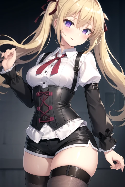 ((masterpiece)),(best quality),official art,extremely detailed CG,unity 8k wallpaper,ultra detailed,beautiful detailed eyes,extremely detailed face,1girl,solo,cowboy shot,looking at viewer,facing viewer,smile,blonde hair,long hair,twintails,hair intakes,black ribbon,hair ribbon,hair between eyes,bangs,purple eyes,red ribbon,suspender corset,black corset,collared shirt,white shirt,long sleeves,puffy detached sleeves,black shorts,short shorts,lthigh strap,black thighhighs,,loafers,<lora:Shioji Kikura(pa):0.6>,