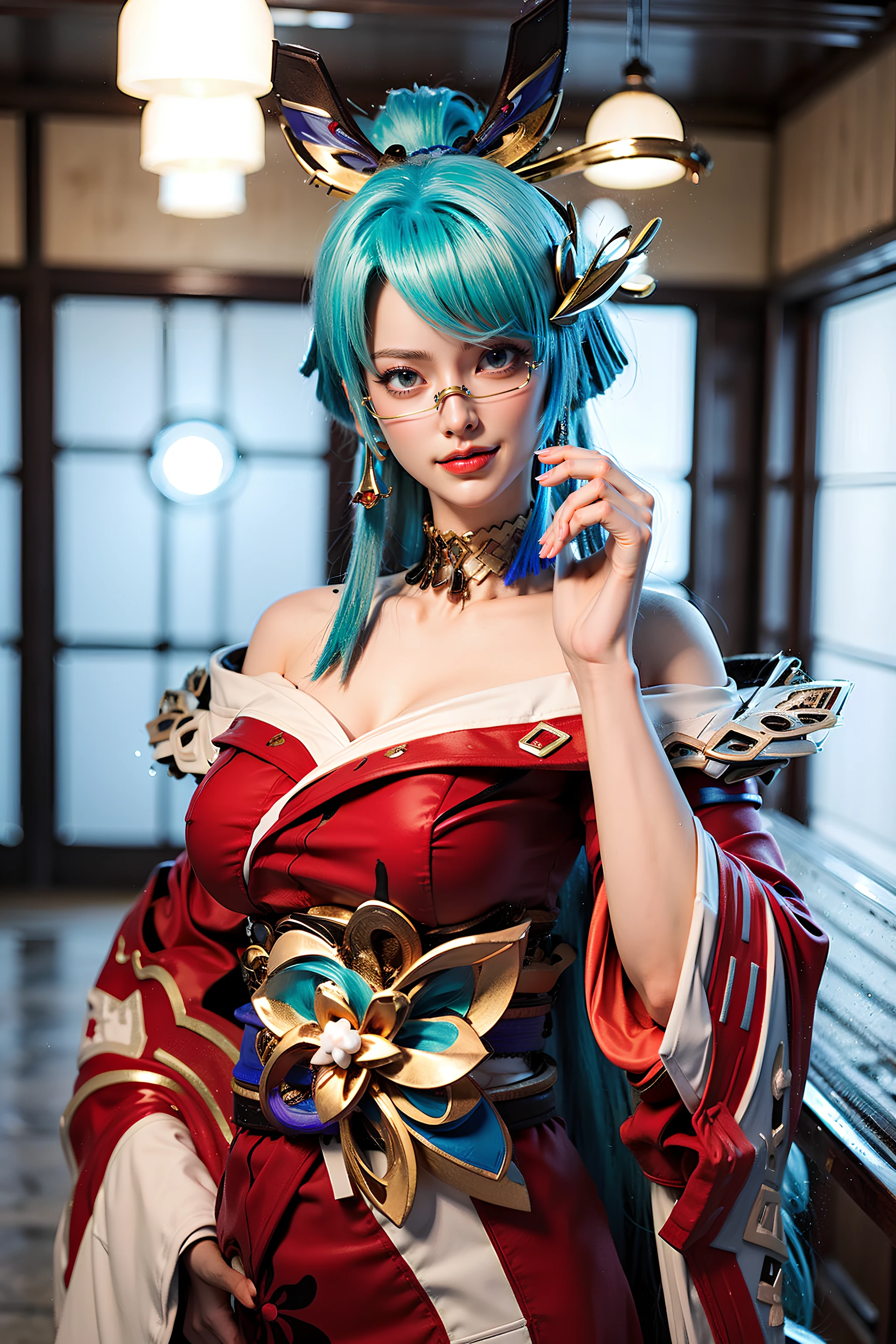 <lora:veres_sakura_fubuki:0.6>,  veres_sakura_fubuki, 1girl, solo, long hair, breasts, looking at viewer, blue eyes, simple background, hair ornament, cleavage, bare shoulders, jewelry, blue hair, bangs, multicolored hair, earrings, japanese clothes, glasses, choker, kimono, red kimono, nail polish, lips, fingernails, sash, gradient hair, obi, tabi, short kimono, platform footwear, indoors, cup, chair, table, scenery, plate, tiles, tile floor, sink, restaurant, ceiling light, night, lantern, wooden floor, potted plant, lamp, architecture, east asian architecture, fish, goldfish, (masterpiece),((ultra-detailed)), (highly detailed CG illustration),(expressionless), (best quality:1.2), ,High quality texture, intricate details, detailed texture, High quality shadow, a realistic representation of the face, Detailed beautiful delicate face, Detailed beautiful delicate eyes, a face of perfect proportion
