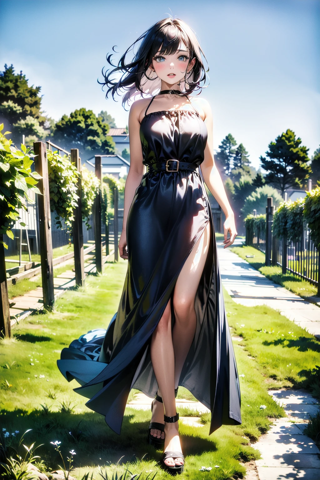 Adult woman with ginger hair, black dress, vineyard, slender, blue sky, full body
(masterpiece, best quality:1.3)