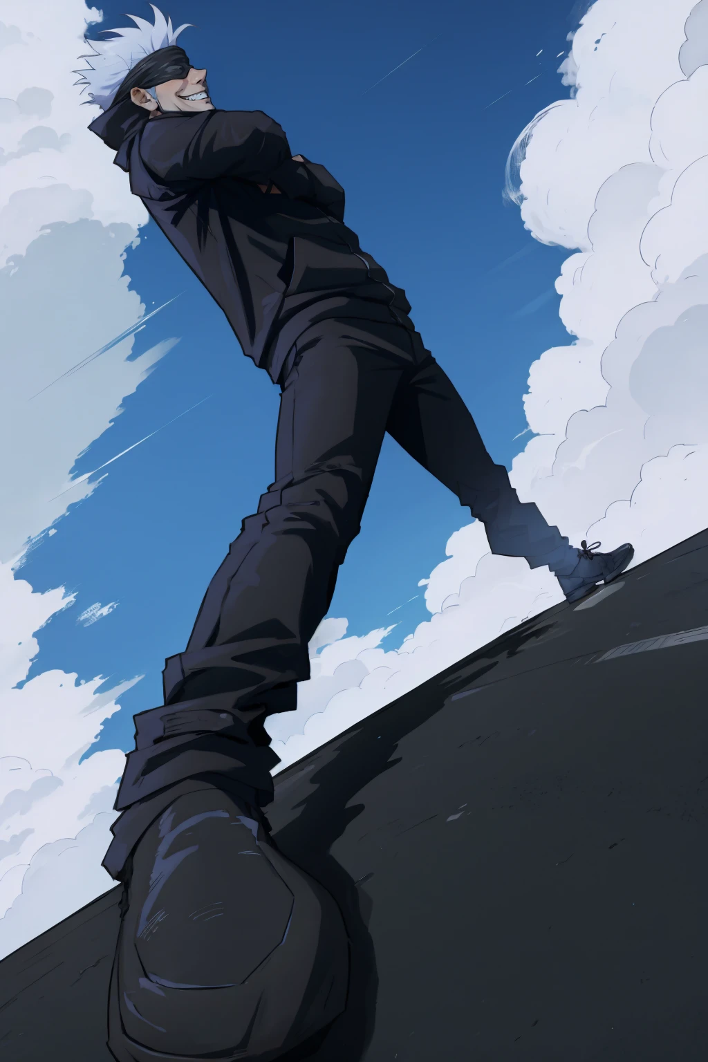 IncrsWideStanceMeme, from below, foreshortening, perspective, <lora:WideStanceMeme:1.1>, 1boy, solo, satoru gojo, blindfold, black jacket, <lora:Char_JujutsuKaisen_SatoruGojo:0.9>, smirk