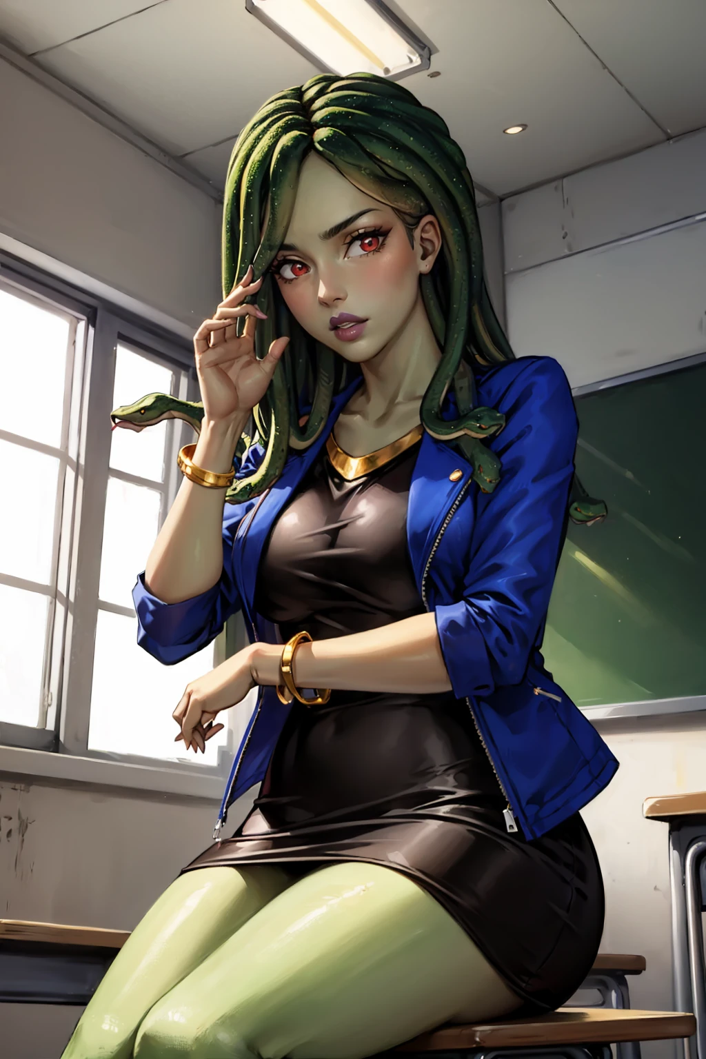 masterpiece, best quality, 1girl, solo, breasts, looking at viewer, <lora:veraoberlin-guy-v3:1>, veraoberlin, (green skin:1.2), snake hair, makeup, bracelet, blue jacket, black dress, <lora:gorgon-10:0.6>, classroom, sitting, indoors,