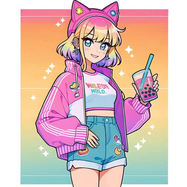(Best quality,masterpiece:1.2), <lora:flat-000016:0.6>
illustration\(outline\), 1girl, solo, smile, cowboy shot,(looking at viewer:1.2),sparkle, gradient,
(gradient hair, multicolored hair:1.2),pink hair,short hair, medium hair,blue eyes, bangs, aqua eyes,green hair,orange hair,hand up,puffy sleeves, ear piercing, fake animal ears,
(letterman jacket, pink jacket),white shirt, white hoodie,shorts, animal ears,jacket, shirt, pants,crop top, breasts, pink headwear, puffy sleeves, high-waist shorts, earrings, bow,blue shorts,alternate costume, rose print
cup, cloud, bubble tea, drinking straw, liquid,(white background:1.2, simple background),