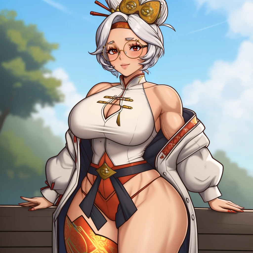 (masterpiece, best quality:1.3), Cheekie, 1girl, solo, looking at viewer, wide hips, mature female, closed mouth, seductive smile, large breasts, cowboy shot, muscular female, thick thighs, <lora:Cheekie Style Lora:.9>, purah, red glasses, hair ornament, hair stick, red headband, white shirt, bare shoulders, white jacket, black skirt, orange leggings, high heels <lora:purah-nvwls-v3-2:.8>