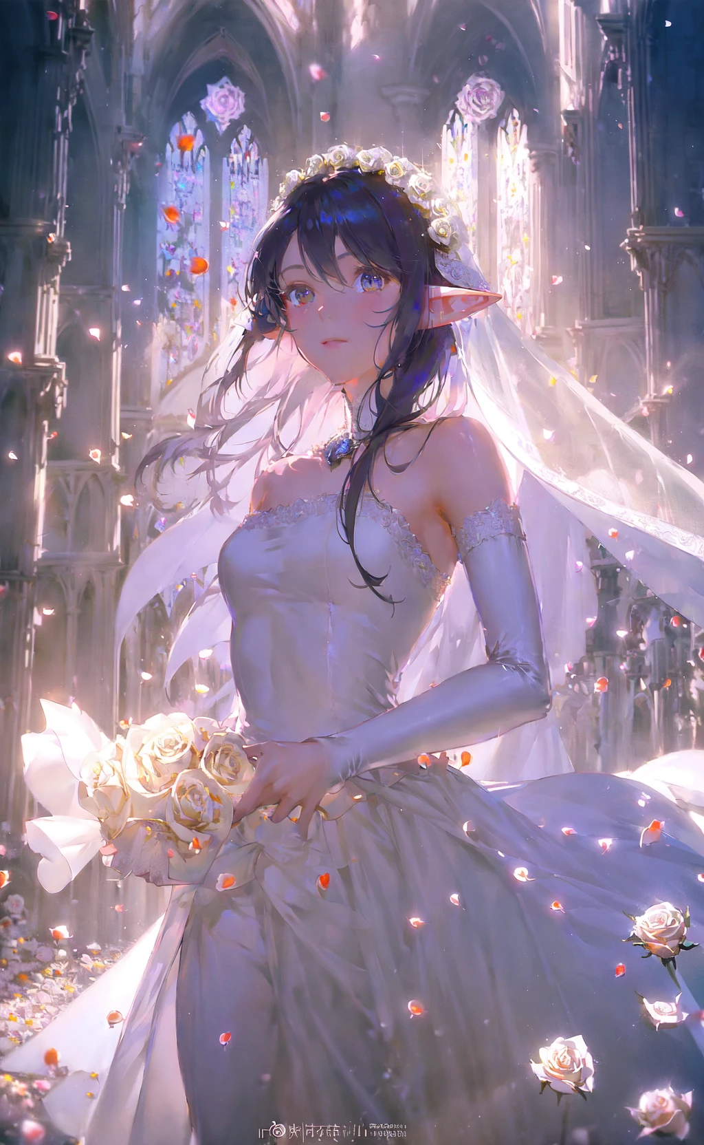 masterpiece, best quality, 1girl, elf bride, white flowing bridal dress, (rose petals:1.3), floating hair, church, sunbeam, volumetric lighting, portrait, sparkle