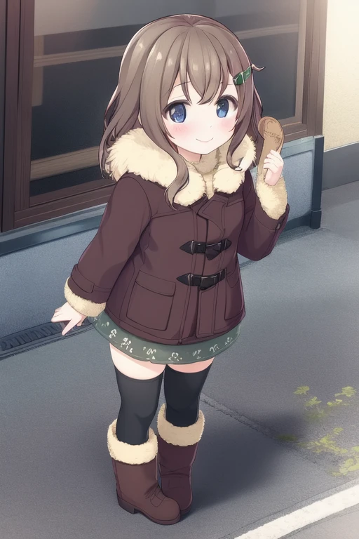 <lora:Fukami_Nonoka:0.8>, FukamiNonoka, 1girl, solo, thighhighs, boots, smile, hair ornament, brown footwear,  black thighhighs, coat,  full body, fur trim, looking at viewer, blush, skirt, standing, closed mouth, long sleeves, bangs, brown coat, fur-trimmed boots, zettai ryouiki