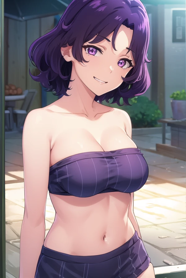 Tomboy, purple short hair, upper body, big breasts, Plump girl, pink underwear, Sitting in a private room, Standing smiling, waving in greeting,