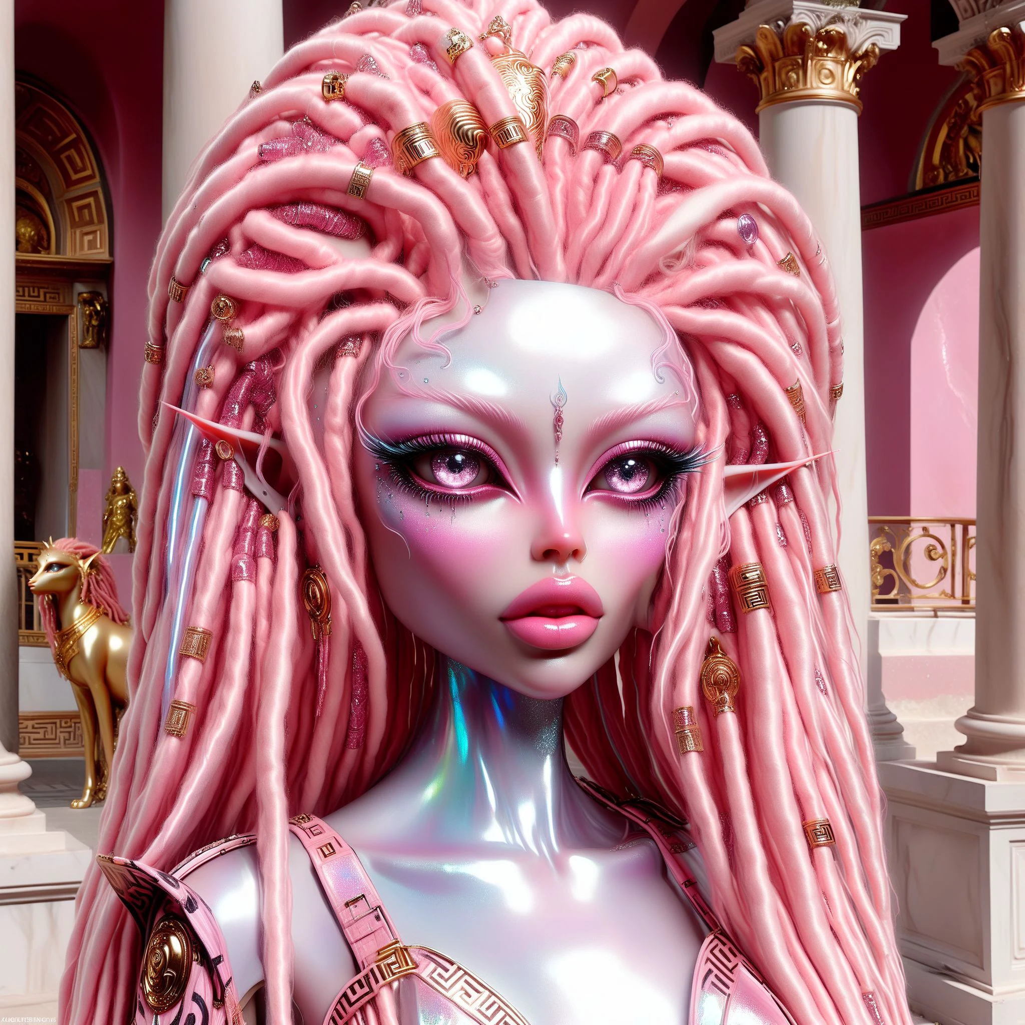 <lora:DStone:0.8> beautiful quarts statue girl with big detailed eyes and huge lips , glass stone quartz marble skin , a quartz statue girl with big detailed eyes and big lips and long big glass pink dreadlocks , wearing marble versace fashion , in a ancient rome background , beautiful detailed face , full body , slim body , highly detailed , rococo , digital painting , cg society contest winner, fantasy art , iridescent ,8k , realistic , detailed face , highly detailed ,hyper detailed