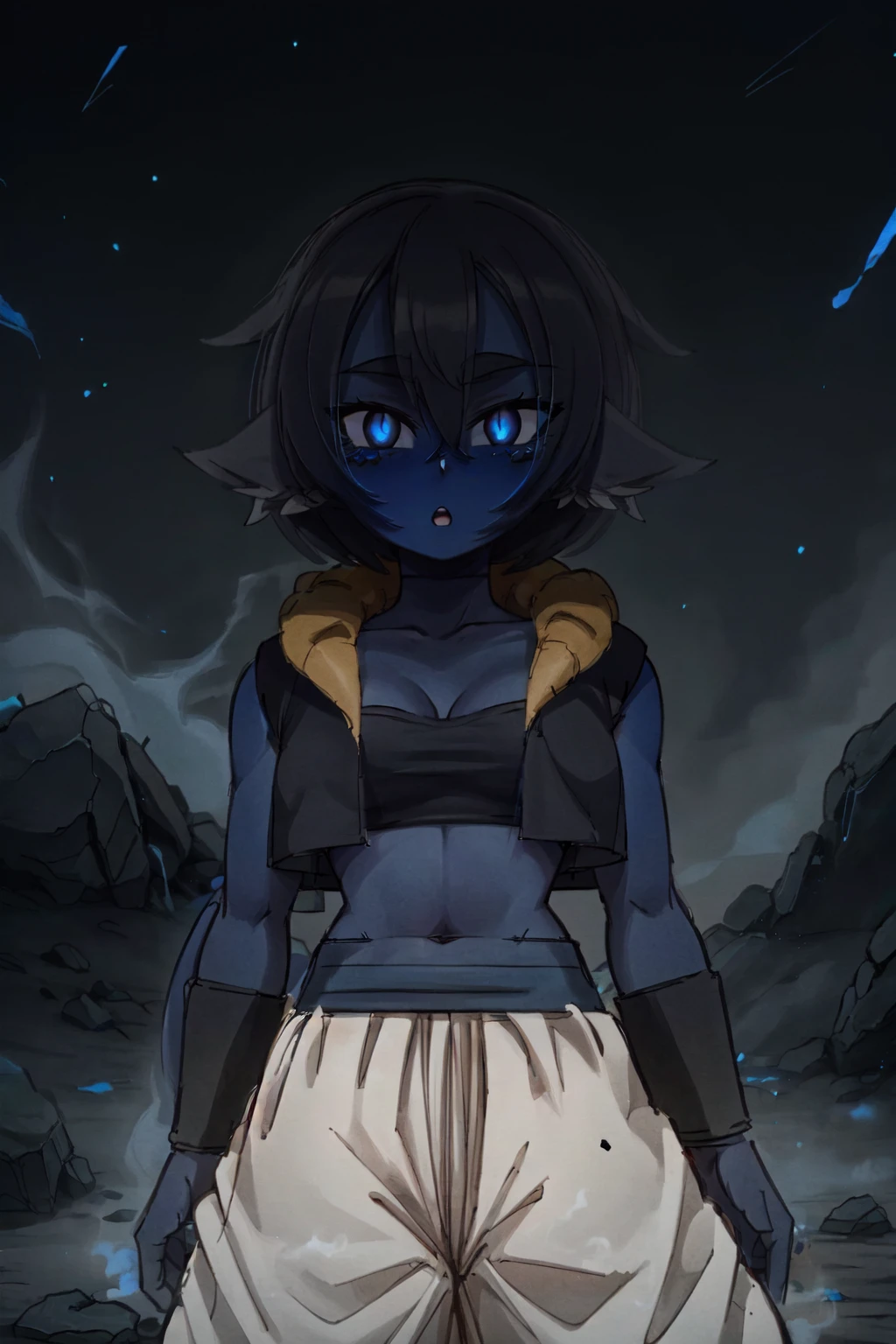 ((1girl, solo)), (blue skin), colored skin, masterpiece, best quality, glowing eyes, Smouldie, dark hair, short hair, (tail:1.1) <lora:Smolder1_1:0.94><lora:MetamoranVest:1>, metamoran vest, breasts, white pants, blue belt, black sports bra, crop top, :o, blushing, looking at viewer, outdoors, rocks, battlefield, smoke, debris, night, wristbands