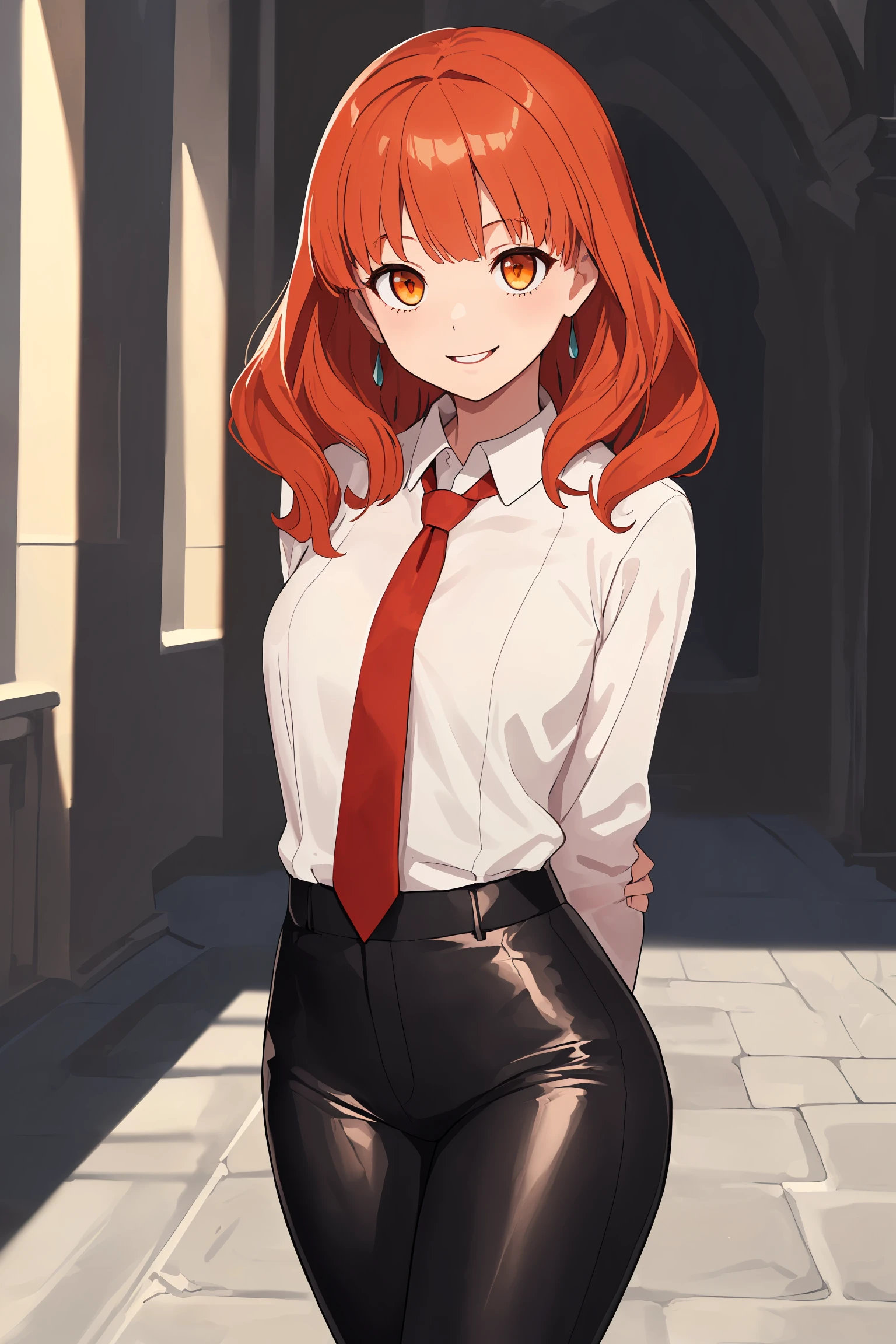 masterpiece, best quality, absurdres, 1girl, solo, smile, standing, facing viewer, <lora:EPfeCelica-08:0.7>, EPfeCelica, orange eyes, red hair, implied lines, atlantis, evening, arms behind back, collared shirt, gray necktie, leather pants, laughing