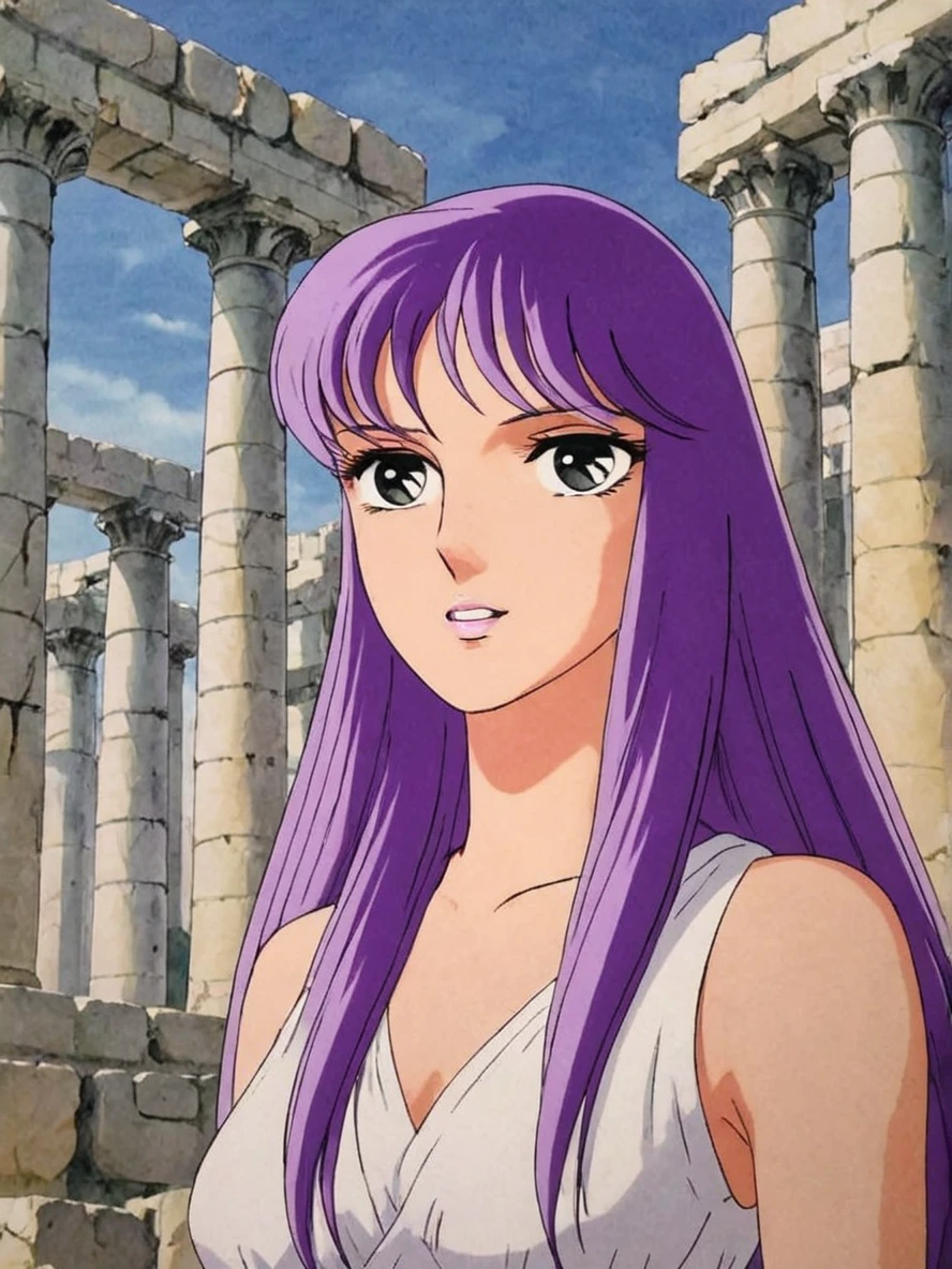 Anime illustration portrait of s40r1k1d0 woman, (in ancient greece ruins)+, purple hair