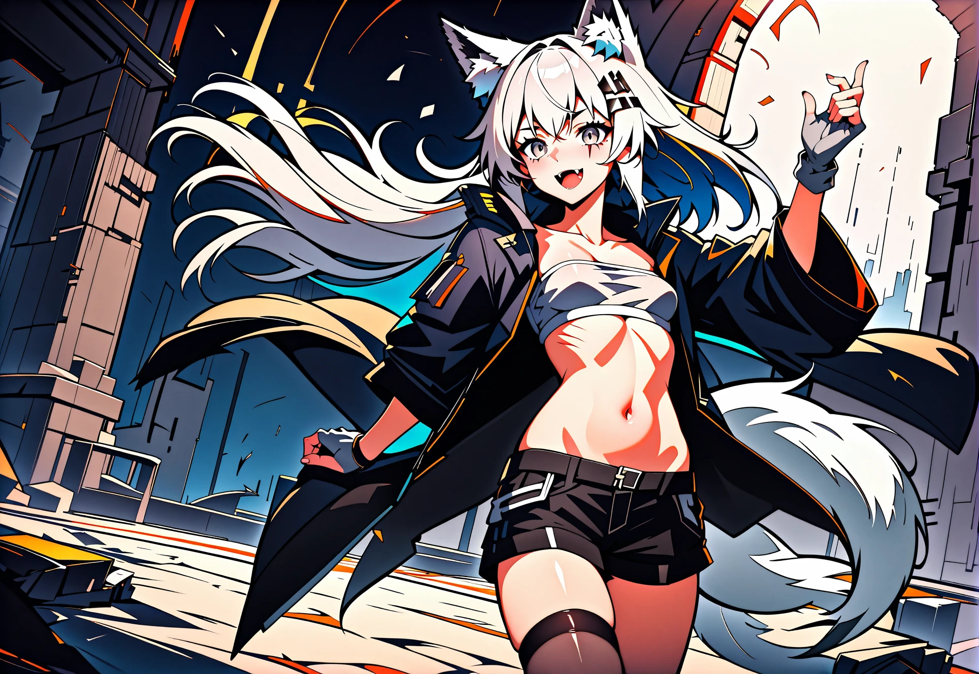 score_9, score_8_up, score_7_up, score_6_up, best quality, masterpiece, uncensored, source_anime,
lappland \(arknights\), arknights, silver hair, animal ear fluff, animal ears, bandeau, black coat, black jacket, black shorts, fangs, fingerless gloves, gloves, grey eyes, grey gloves, hairclip, long hair, open clothes, open coat, open mouth, scar across eye, wolf ears, wolf tail
cowboy shot,
girl explores ruins of church, broken stained glass, deserted spaces, detailed background
hdr,sharp, high_contrast, by aigenerated