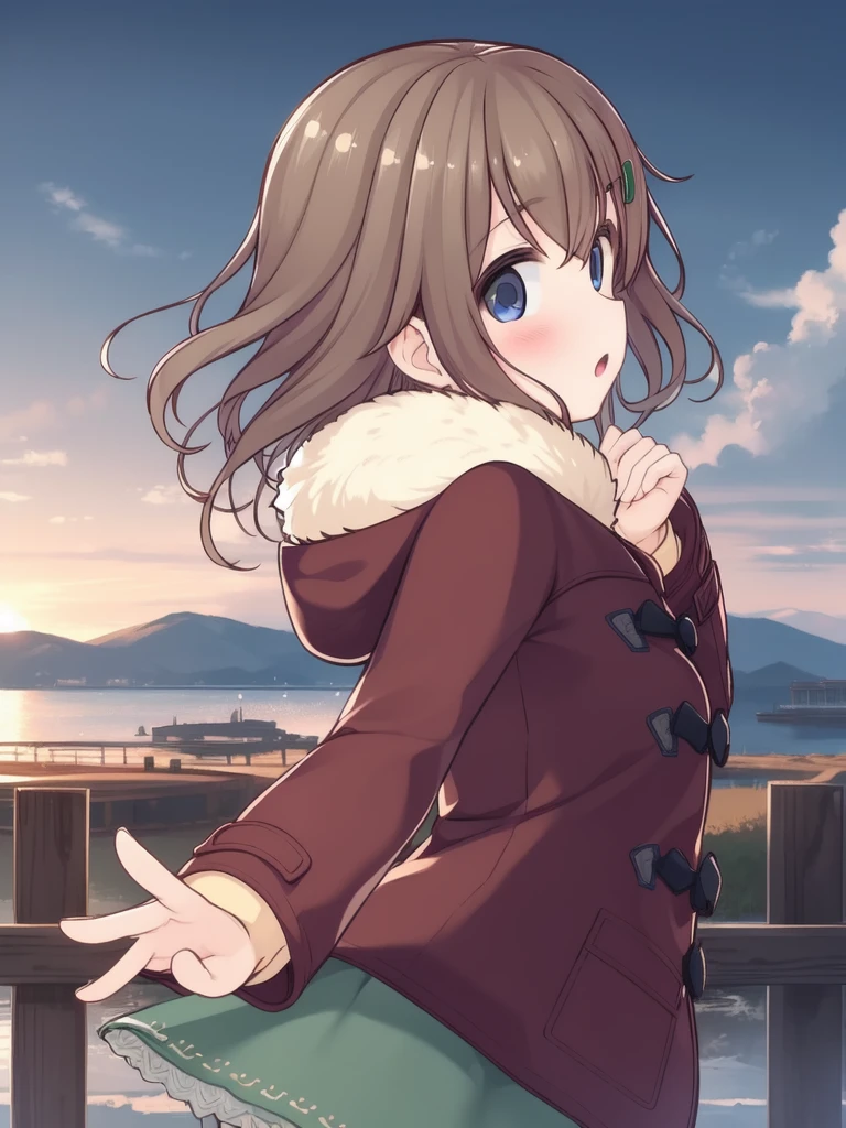 <lora:Fukami_Nonoka:0.8>,FukamiNonoka, 1girl, solo, sky, ground, blush, looking at viewer, coat, hair ornament, bangs, hood down, fur trim, long sleeves, hood, parted lips, green skirt, shorts, looking back, cowboy shot, short hair, fur-trimmed coat, :o, skirt, from side, hand up, red coat, hooded coat, hooded jacket
masterpiece, high quality, very_high_resolution, large_filesize, full color,