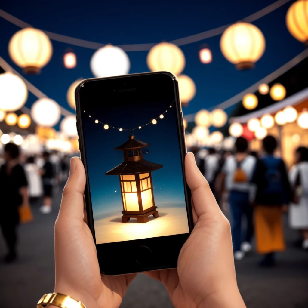 bracelet, lantern, pov hand, smartphone, festival, night, <lora:lantern_and_smartphone_v1:0.5>