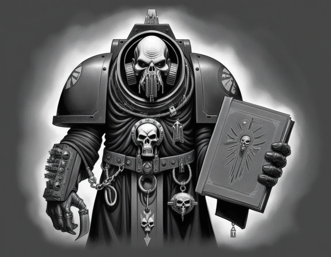 A black and white illustration of a Cenobite Servitor from the Warhammer 40k universe. The servitor is depicted in a front view, with a medium close up shot. The servitor has a large backpack with a skull on it. The servitor also has a respirator collar. The servitor's face is obscured by a mask. The servitor is wearing a long robe. The servitor is standing on a platform. There is a chain on the servitor's left arm. The servitor's right arm is holding a book. The servitor's legs are not visible. By Mark Gibbons.
sketch, schematics, hires scan, concept art, (VIGNETTE), intricately detailed.
 <lora:Oldhammer:1>