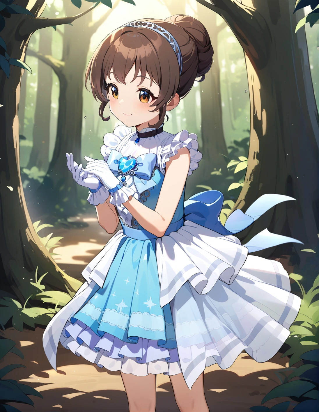 best quality, ultra-detailed, (1girl, solo, chignon hair, dark brown hair, <lora:sdxl-little_my_cinderella-v1:1>,, littlemycinderella, blue dress, sleeveless, standing ,, smile ),in a misty forest