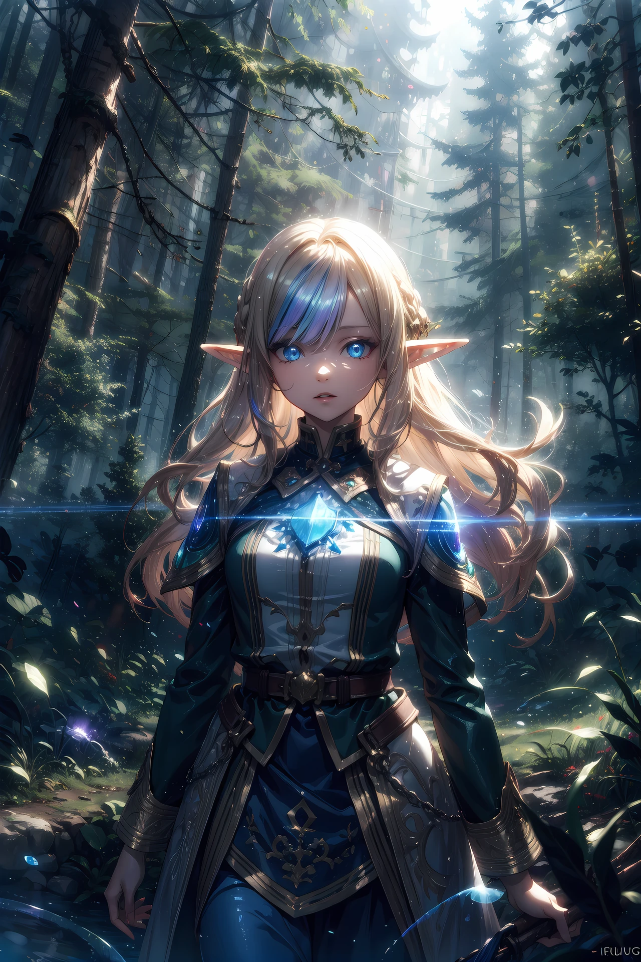 elf women,blond long hair,floating hair,forest,(volumetric light:1.5),(iridescent light:1.2),(glowing:1.2),cowboy shot, 