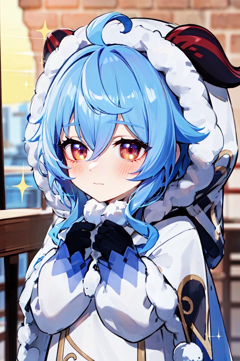 <lora:ganyuyoungan-0020:0.8>,ganyuyoungan,best quality,masterpiece,ganyu (genshin impact), 1girl, blue hair, horns, gloves, bangs, ahoge, blush, looking at viewer, blurry, black gloves, sidelocks, sparkling eyes, hood, purple eyes, solo, peeking out, open mouth, aged down, sparkle, depth of field, hair between eyes, gift, alternate costume, <lora:g,W0pN9ObK2:0.6> <lora:hans-O3:0.6>,