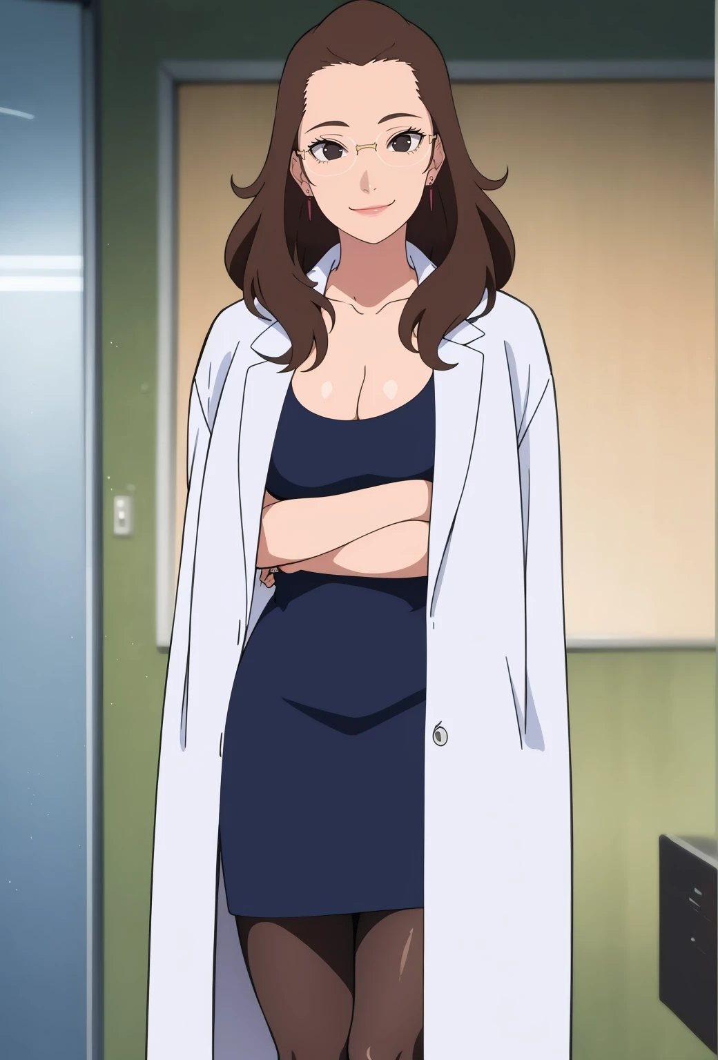 <lora:AkitaInuzukaV1:0.7>,akitainuzuka,long hair, brownhair, black eyes,glasses,earrings,calm smile