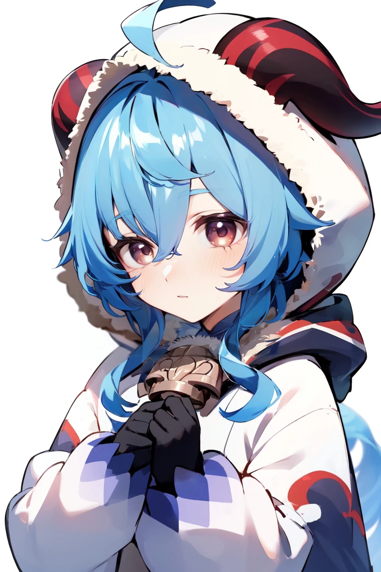 <lora:ganyuyoungany-0020:0.8>,ganyuyoungany,best quality,masterpiece,1girl, ganyu (genshin impact), blue hair, ahoge, hood, solo, gloves, hood up, bangs, horns, fur trim, blush, red eyes, long hair, parted lips, blurry, hair between eyes, <lora:g,W0pN9ObK2:0.6> <lora:hans-O3:0.6>