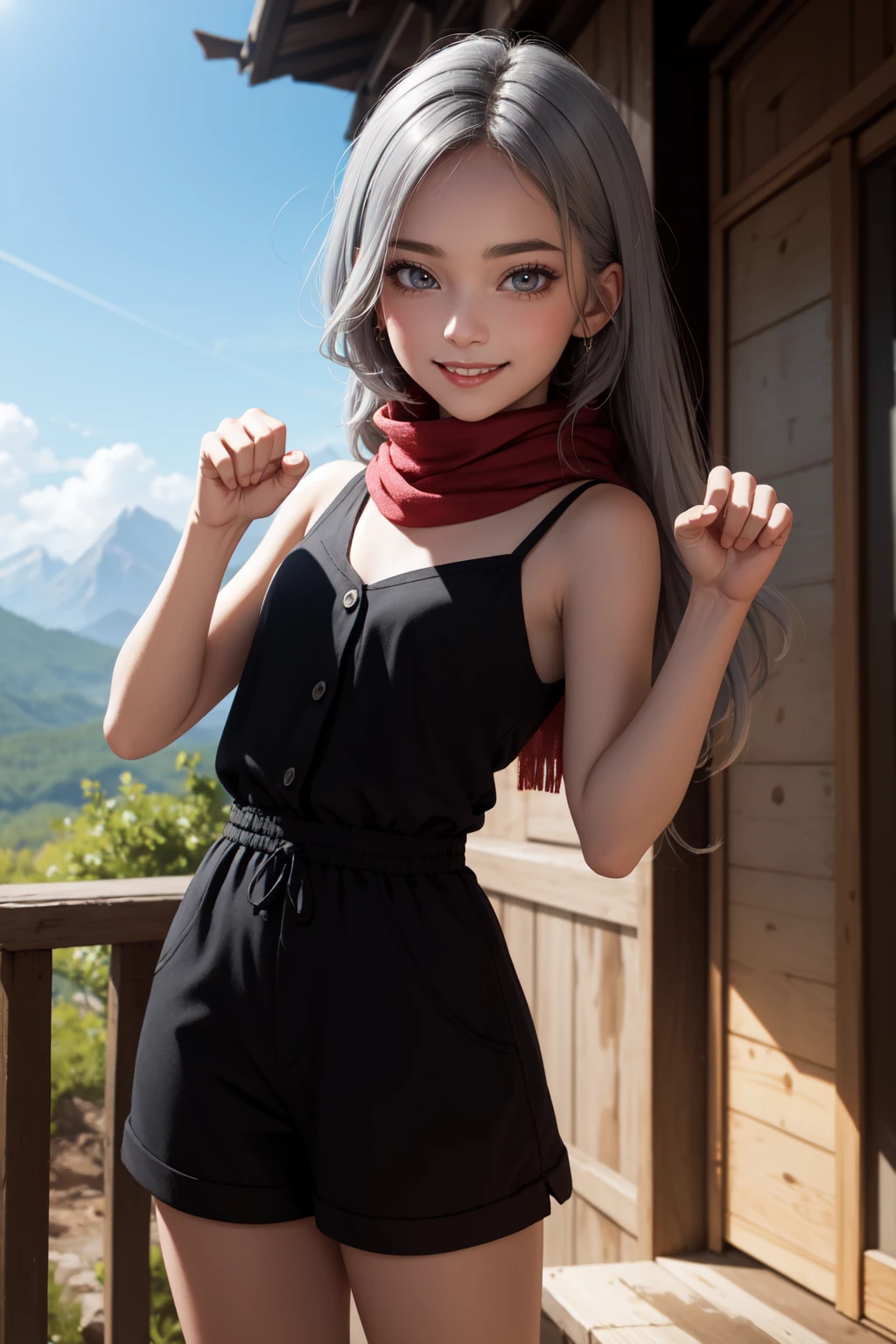 (masterpiece, best quality, SFW:1.2), digital painting, tendrils, tone mapping, diffused lighting
BREAK
1girl, furled brow, grin, looking at viewer, forehead, (cute, petite:1.2), flat_chest, (gray hair, absurdly long hair, undercut:1.2), (gainsboro eyes:1.2)
BREAK
( romper, scarf)
BREAK
vanishing point,close-up, paw pose
BREAK
outdoors, mountain
