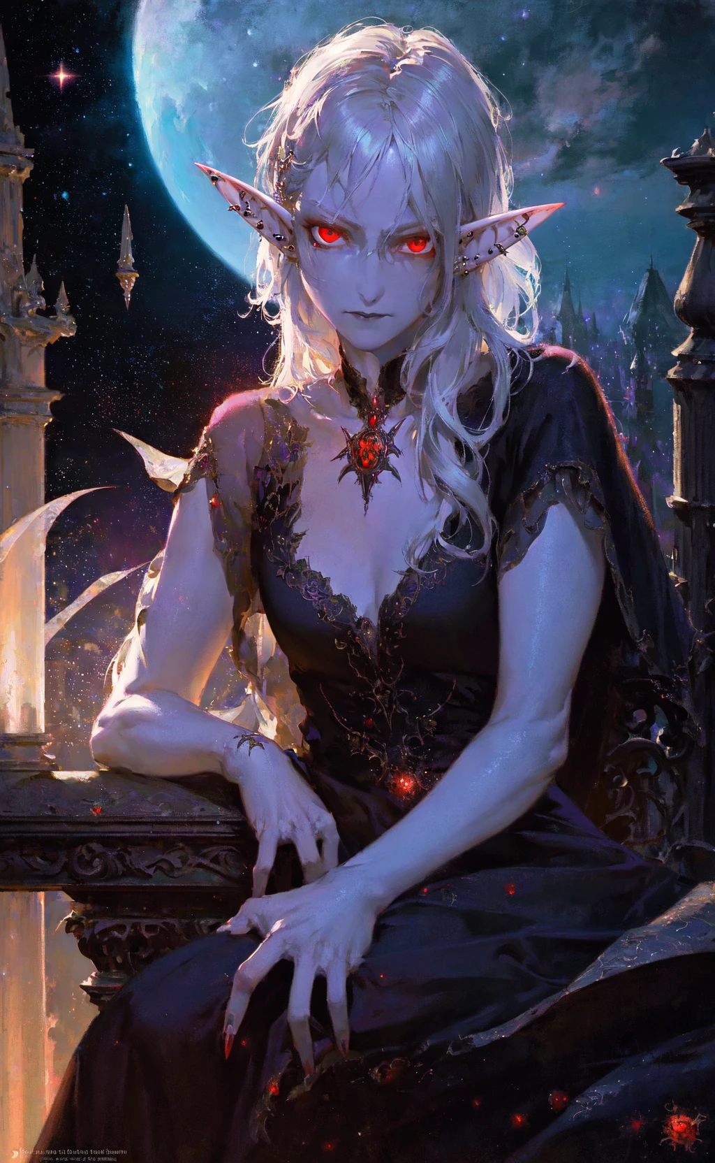 masterpiece, best quality, realistic illustration, regal elegant drow elf witch looking over porcelain balcony, arm support, piercing red eyes, portrait, close-up, depth of field, (light particles:1.1), bloom, HDR, night sky