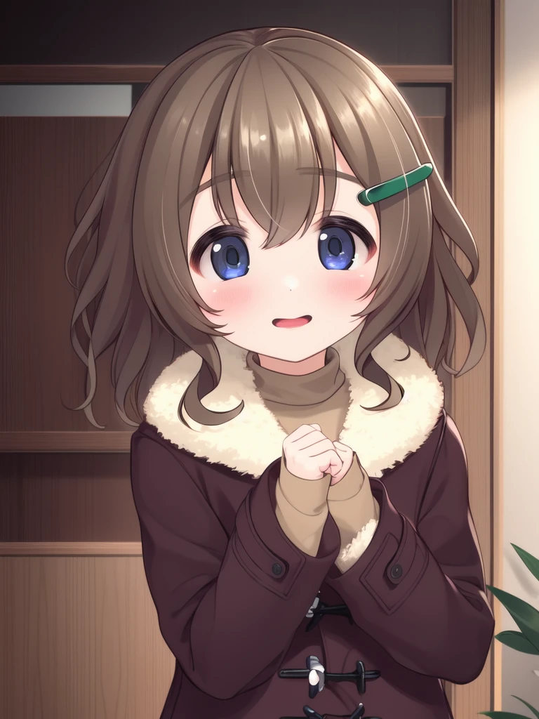 <lora:Fukami_Nonoka:0.8>,FukamiNonoka, 1girl, solo, hair ornament, smile, looking at viewer, coat, cowboy shot, long sleeves, bangs, fur trim, closed mouth, sweater, clenched hands, brown coat, sleeves past wrists,home in the room,
open_mouth, blush, child,
masterpiece, high quality, very_high_resolution, large_filesize, full color,