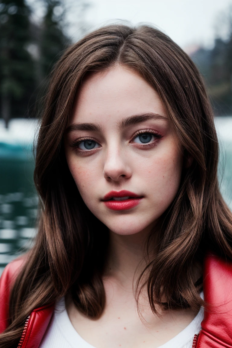 photo of (drrusse11-135:0.99), a beautiful woman, perfect hair, (modern photo, Rosy Pink Faux shearling-lined bomber jacket with a sporty and casual vibe), closeup portrait, 85mm, (analog, cinematic, film grain:1.3), (frozen lakeside:1.2), detailed eyes, (seductive pose), (epicPhoto), (looking at viewer), painted lips, (cinematic shot:1.3)