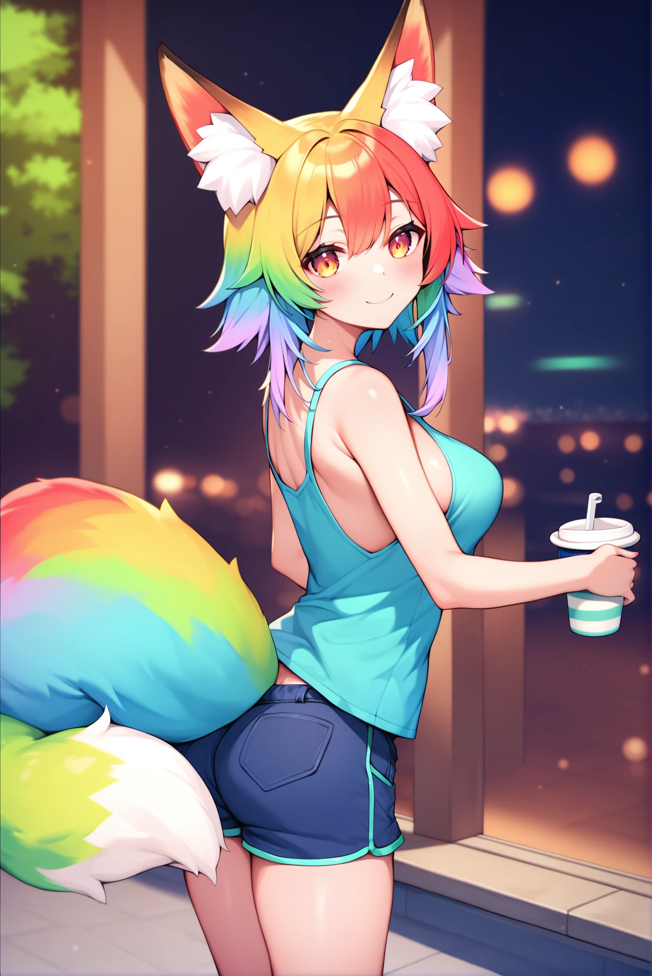 score_9, score_8_up, score_7_up, score_6_up, best quality, masterpiece, uncensored, source_anime,
by konagi \(konotuki\),,
cute girl with rainbow strand of hair smiling at camera and holding a cup of tea, cowboy shot,
1girl, fox girl, fox ears, fluffy fox tail, animal ear fluff, rainbow hair, :3, multicolour hair, wearing sleeveless t-shirt and shorts, sideboob,
outdoors, aqua park, high tech, digital, neon, water, pool
sharp,