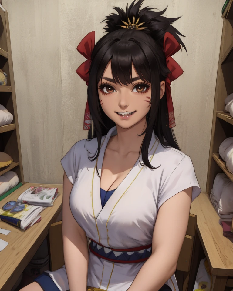 himiko,black hair,brown eyes,facial mark,teeth,long hair,
white shirt,shorts,cleavage,
upper body,sitting,
sengoku period,store,solo,light smile,
(insanely detailed,masterpiece, best quality),<lora:himikoOR:0.8>,