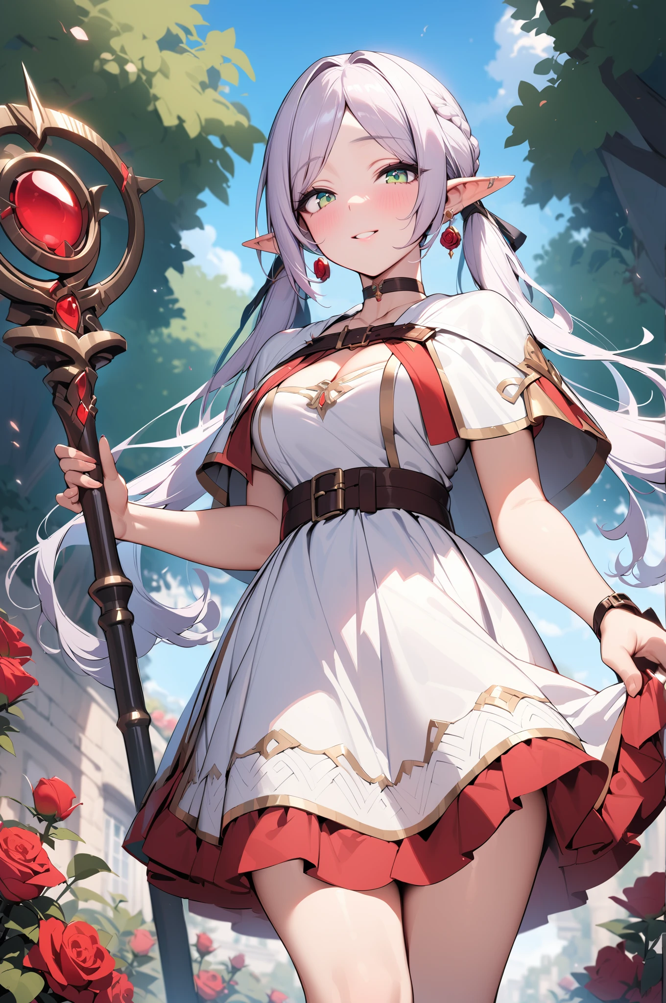 1girl,pointy ears,solo,twintails,earrings,jewelry,flower,belt,looking at viewer,white capelet,smile,capelet,staff,holding,outdoors,dress,red flower,parted lips,elf,long hair,white dress,white hair,long sleeves,cowboy shot,rose,tree,day,parted bangs,choker,bangs,holding staff,red rose,standing,breasts,green eyes,,, masterpiece,best quality,ultra-detailed,