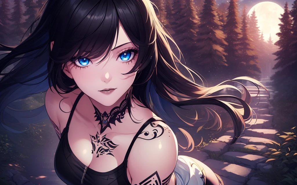 (1girl, detailed eyes:1.5), (masterpiece), perfect anatomy, blue hair, intricate, (highly detailed), masterpiece, photorealistic, perfect anatomy, cinematic lighting, shading, super detailed skin, beautiful detailed eyes, best quality, ultra-detailed, (illustration), ultra-detailed, from above, (extremely delicate eyes:1.3), crop top, joggers, (flowing fabric in vibrant colours), tattoo, (black hair, goth clothes:1.3), (long hair), (extremely detailed dress design), fantasy theme, dynamic pose, slight smile, vibrant colour, shadow, contrast, refraction, perspective, depth, good anatomy, forest landscape, stunning details, pathway background, night, moon, (closeup), <lora:DarkSky Diffusion v1:0.75>