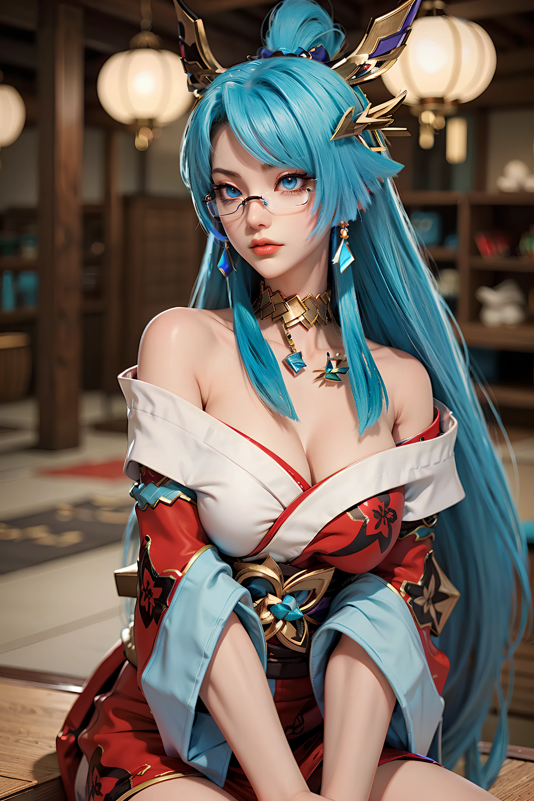 Catgirl milf with big breasts, wearing derpy cat pasties on breasts, cyan hair, cyan cat ears on top of head, yellow glasses, oppai, 4k